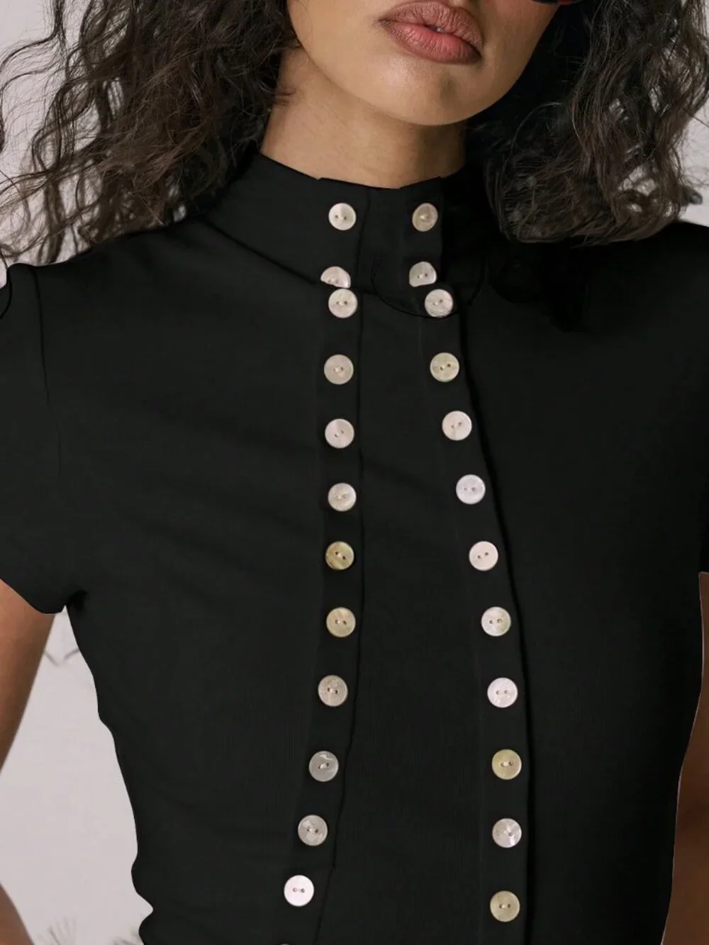 Black Elegant Women's Funnel Neck Fitted Asymmetric Top